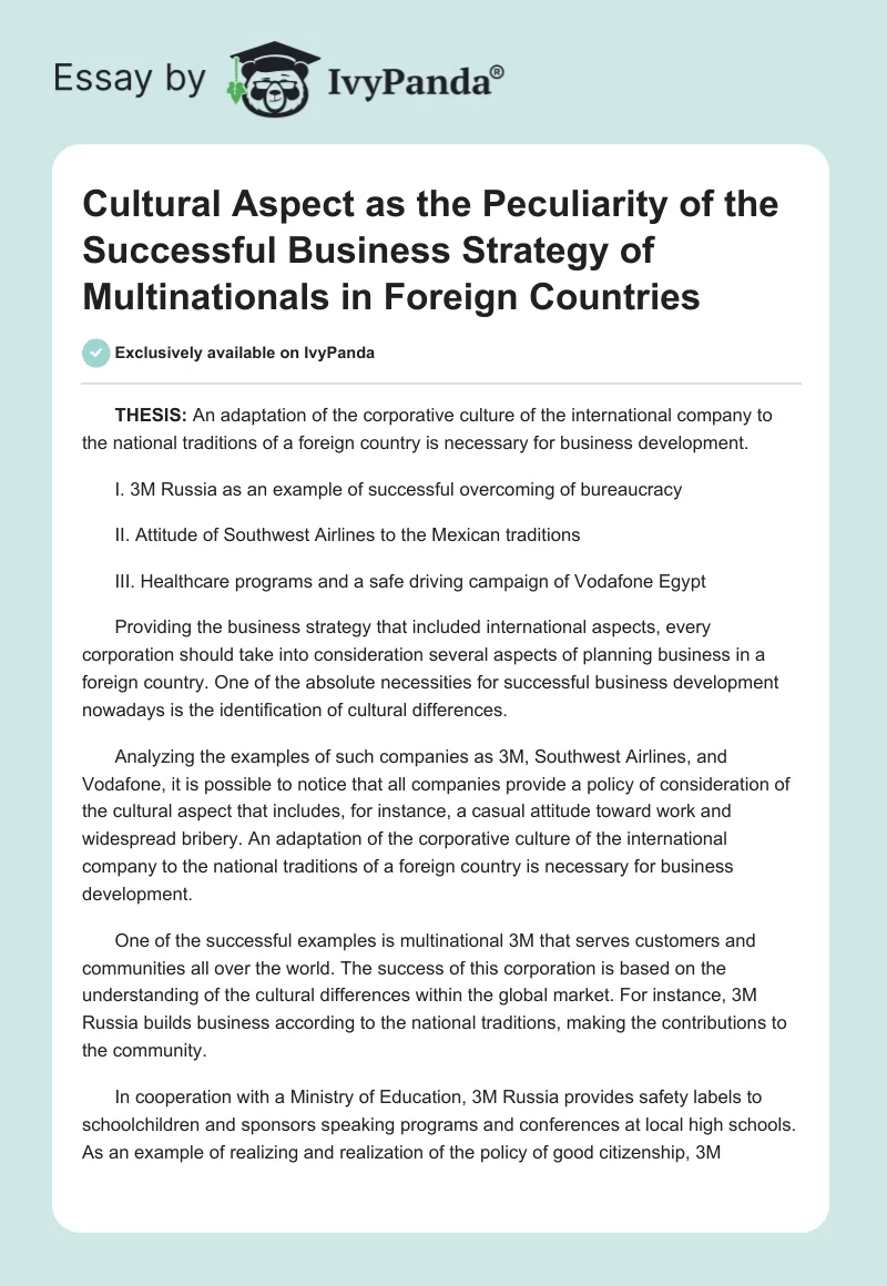 Cultural Aspect as the Peculiarity of the Successful Business Strategy of Multinationals in Foreign Countries. Page 1
