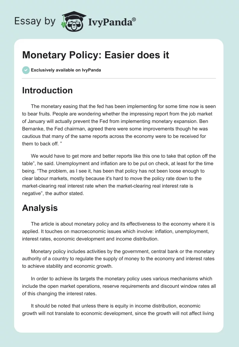 Monetary Policy: Easier does it. Page 1