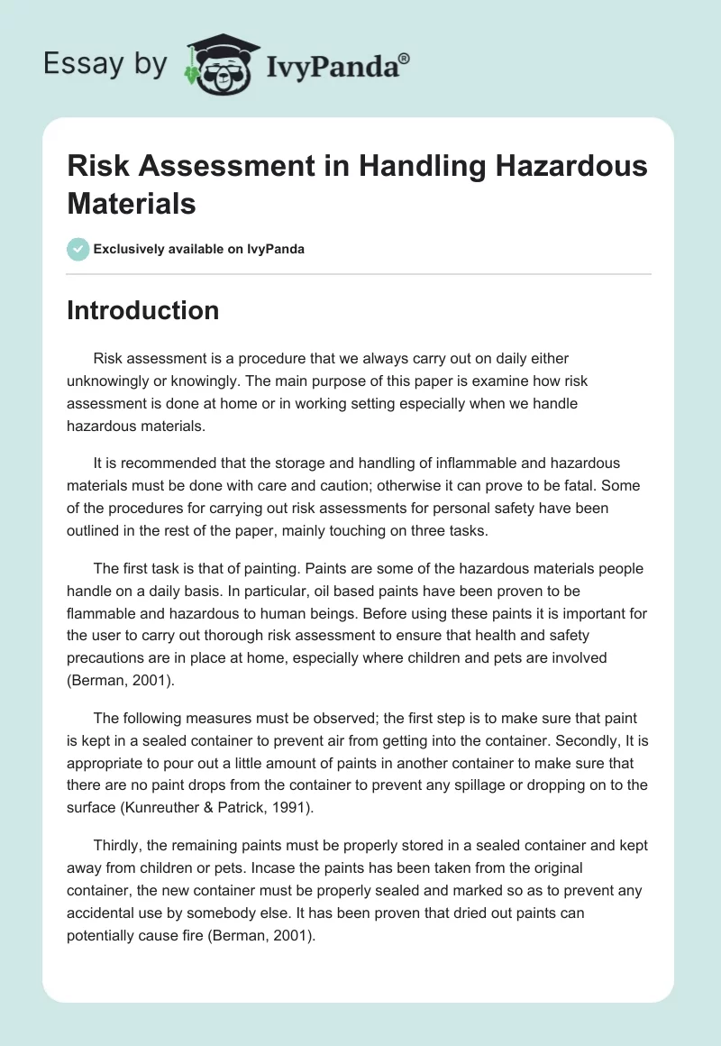 Risk Assessment in Handling Hazardous Materials. Page 1
