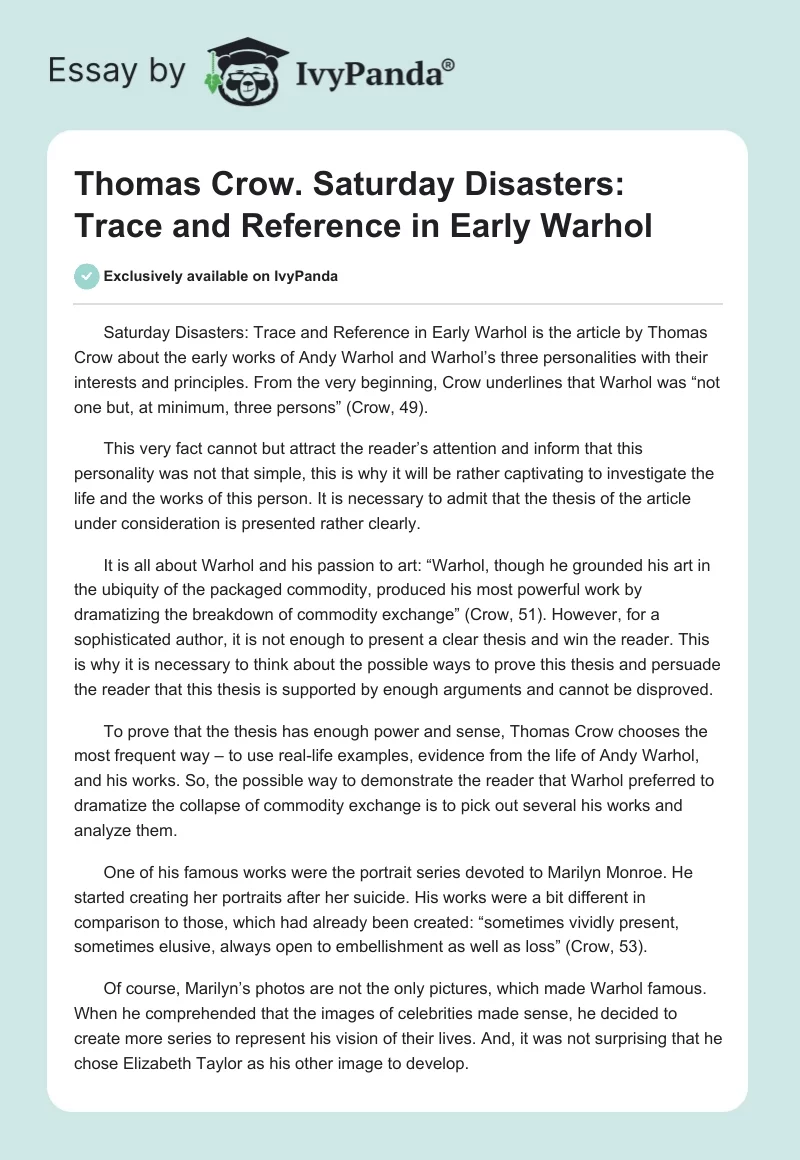 Thomas Crow. Saturday Disasters: Trace and Reference in Early Warhol. Page 1