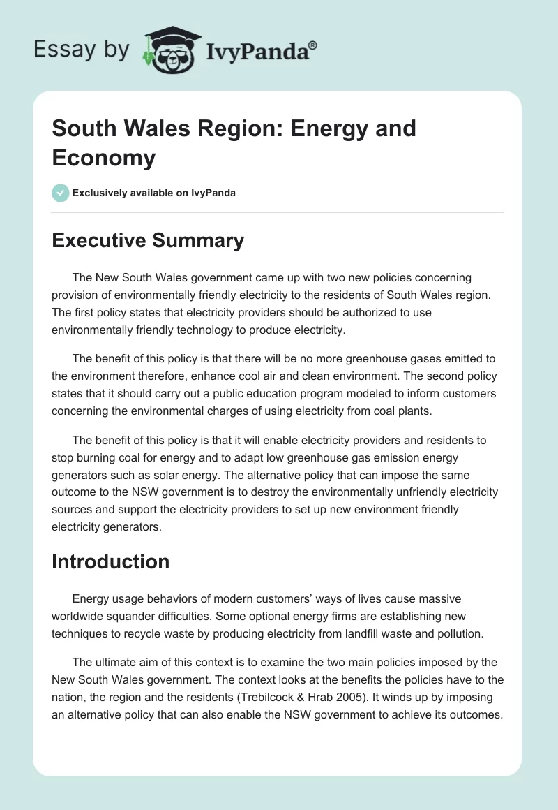 South Wales Region: Energy and Economy. Page 1