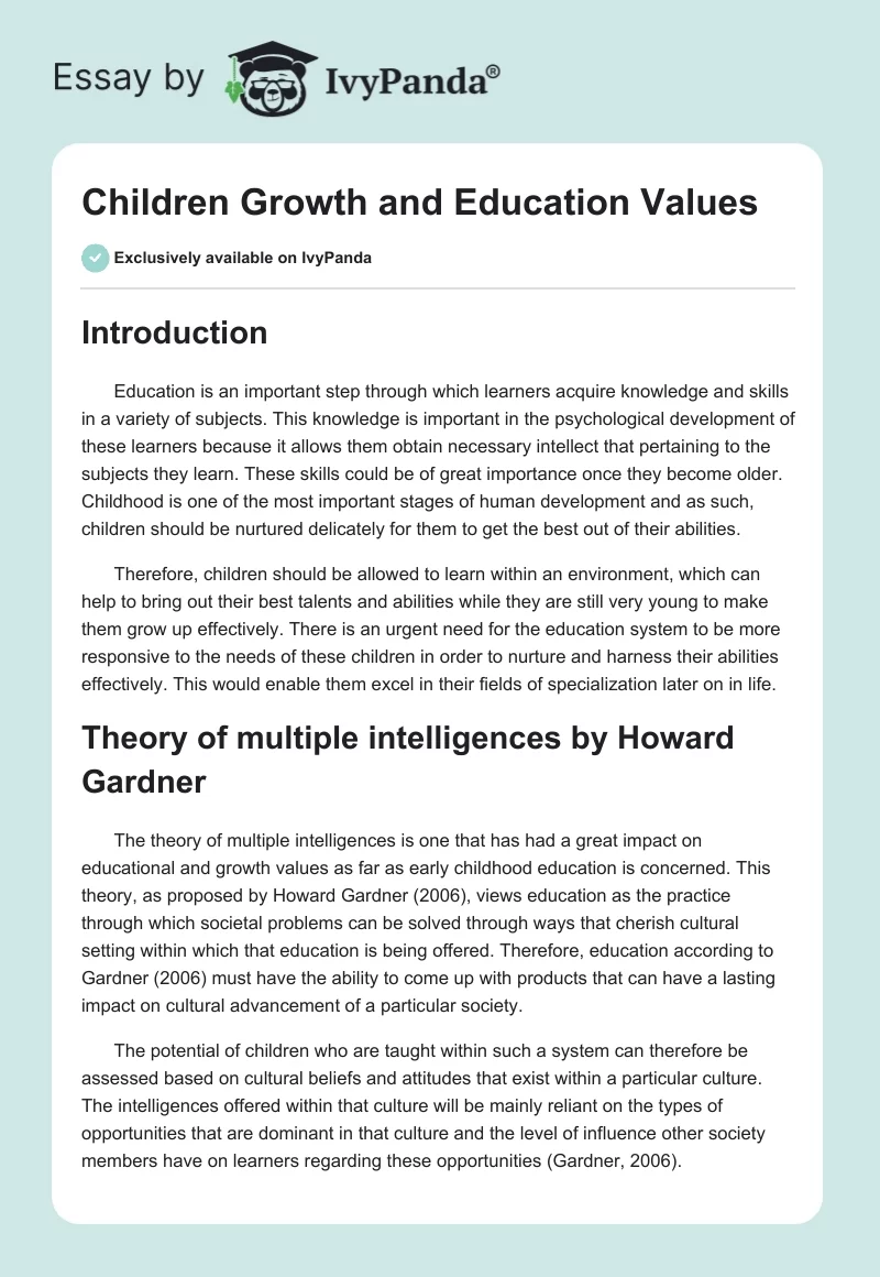 Children Growth and Education Values. Page 1