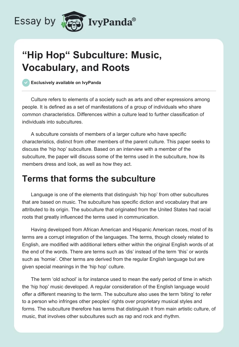“Hip Hop“ Subculture: Music, Vocabulary, and Roots. Page 1