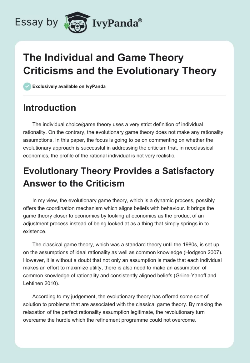 The Individual and Game Theory Criticisms and the Evolutionary Theory. Page 1