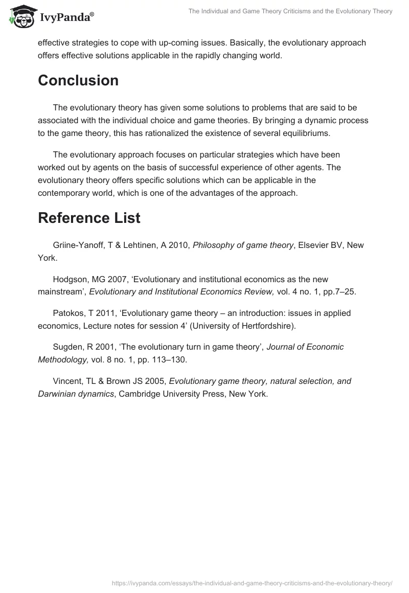 The Individual and Game Theory Criticisms and the Evolutionary Theory. Page 5