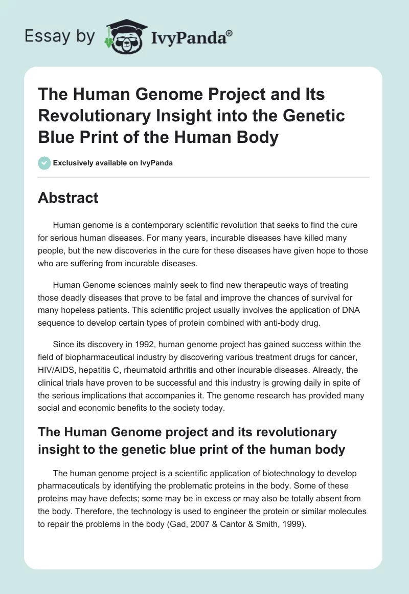 The Human Genome Project and Its Revolutionary Insight into the Genetic Blue Print of the Human Body. Page 1