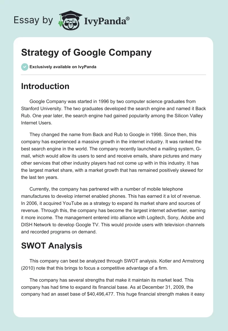 Strategy of Google Company. Page 1
