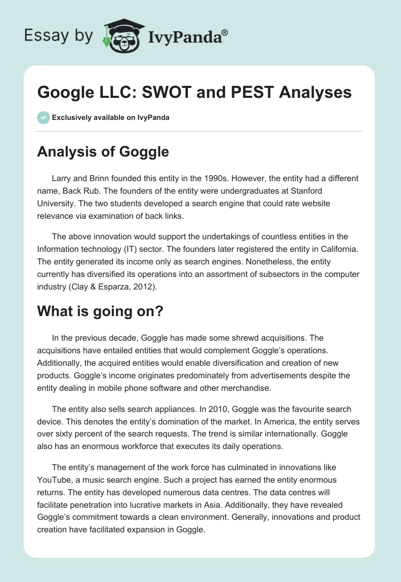 Google LLC: SWOT and PEST Analyses. Page 1