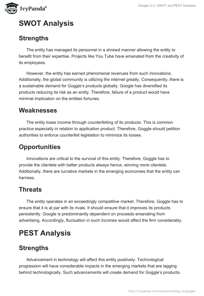 Google LLC: SWOT and PEST Analyses. Page 2
