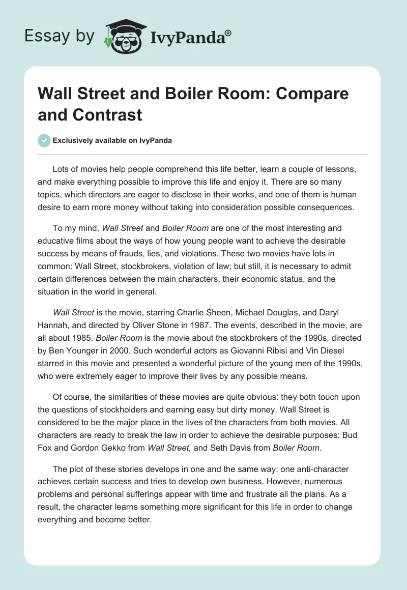 Wall Street and Boiler Room: Compare and Contrast. Page 1