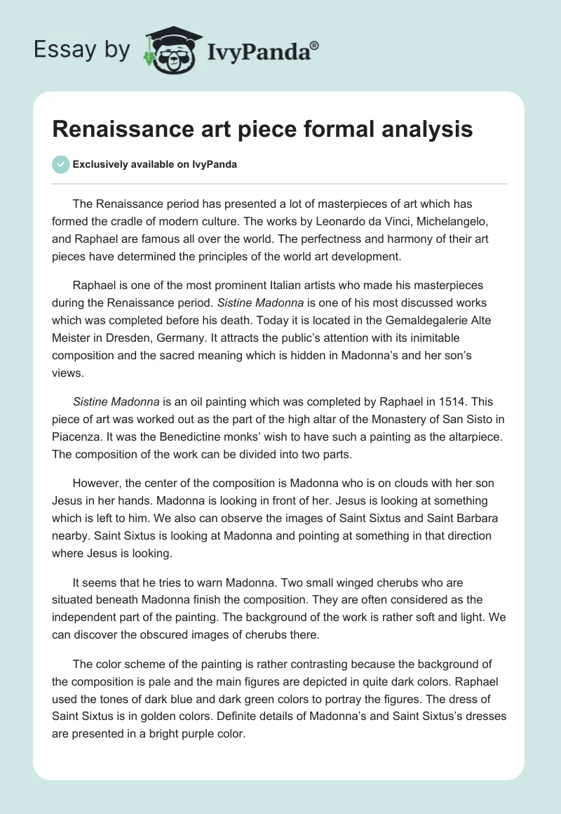 Renaissance art piece formal analysis. Page 1