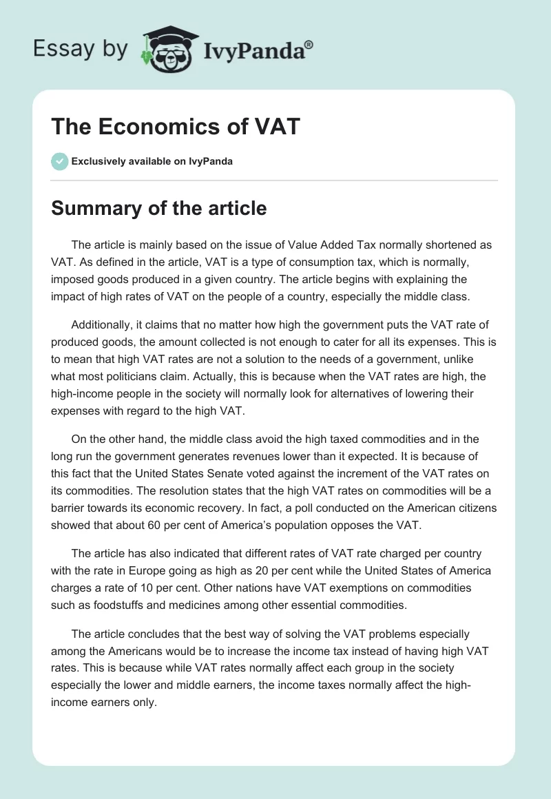 The Economics of VAT. Page 1