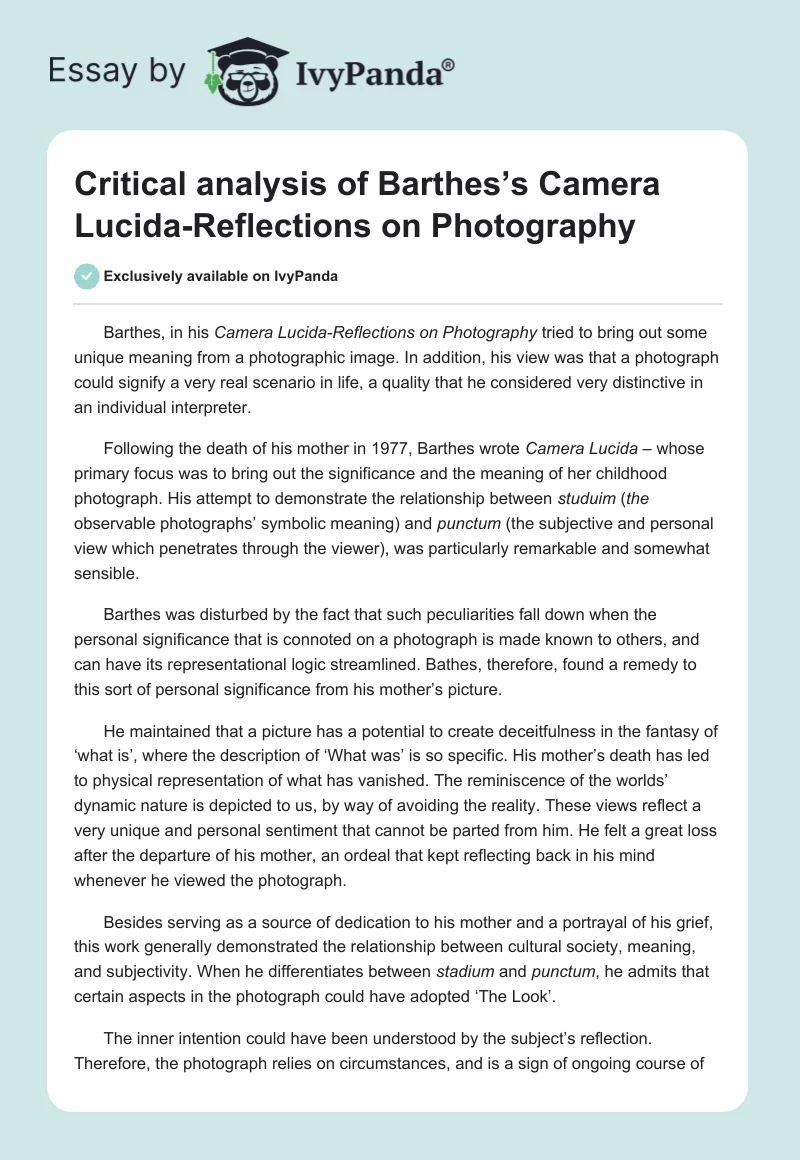 Critical Analysis of Barthes’s Camera Lucida-Reflections on Photography. Page 1