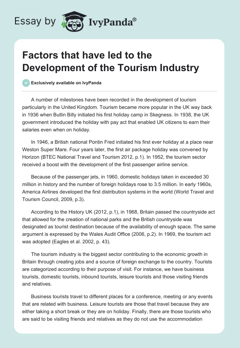 Factors that have led to the Development of the Tourism Industry. Page 1