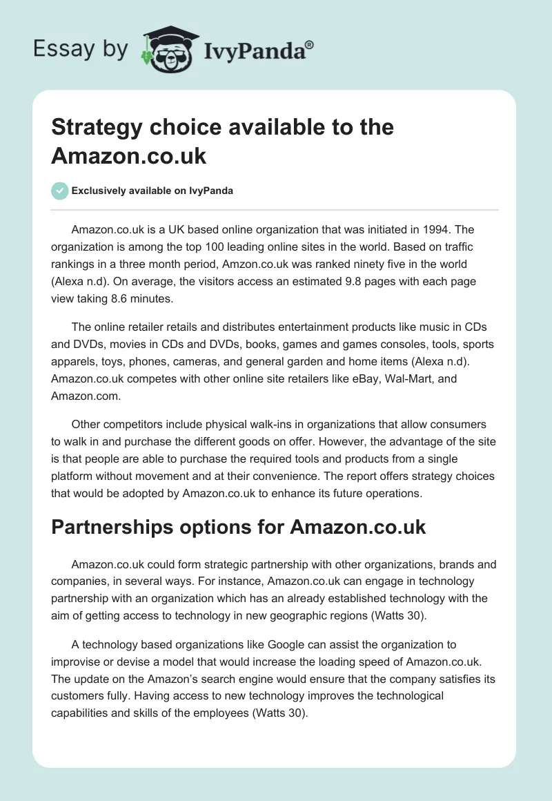 Strategy Choice Available to the Amazon.co.uk. Page 1