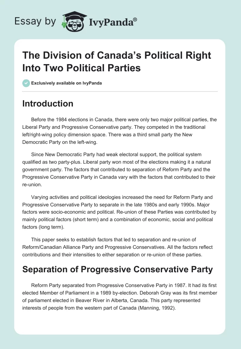 The Division of Canada’s Political Right Into Two Political Parties. Page 1