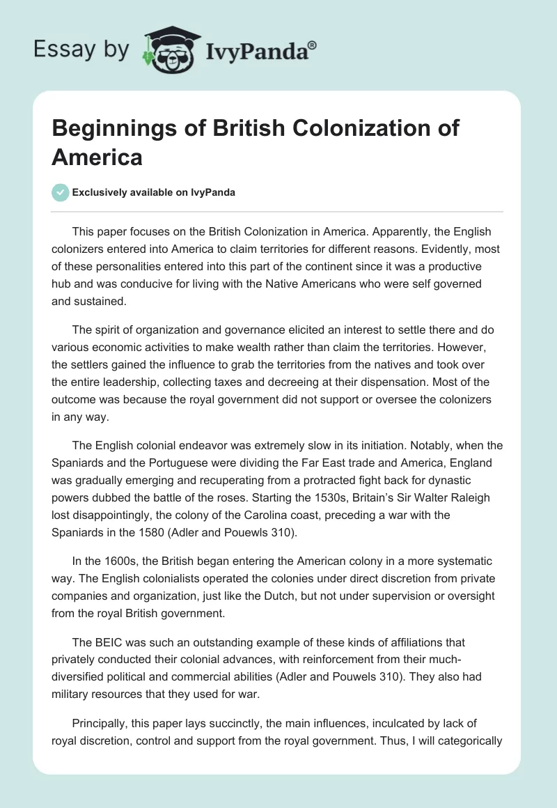 Beginnings of British Colonization of America. Page 1
