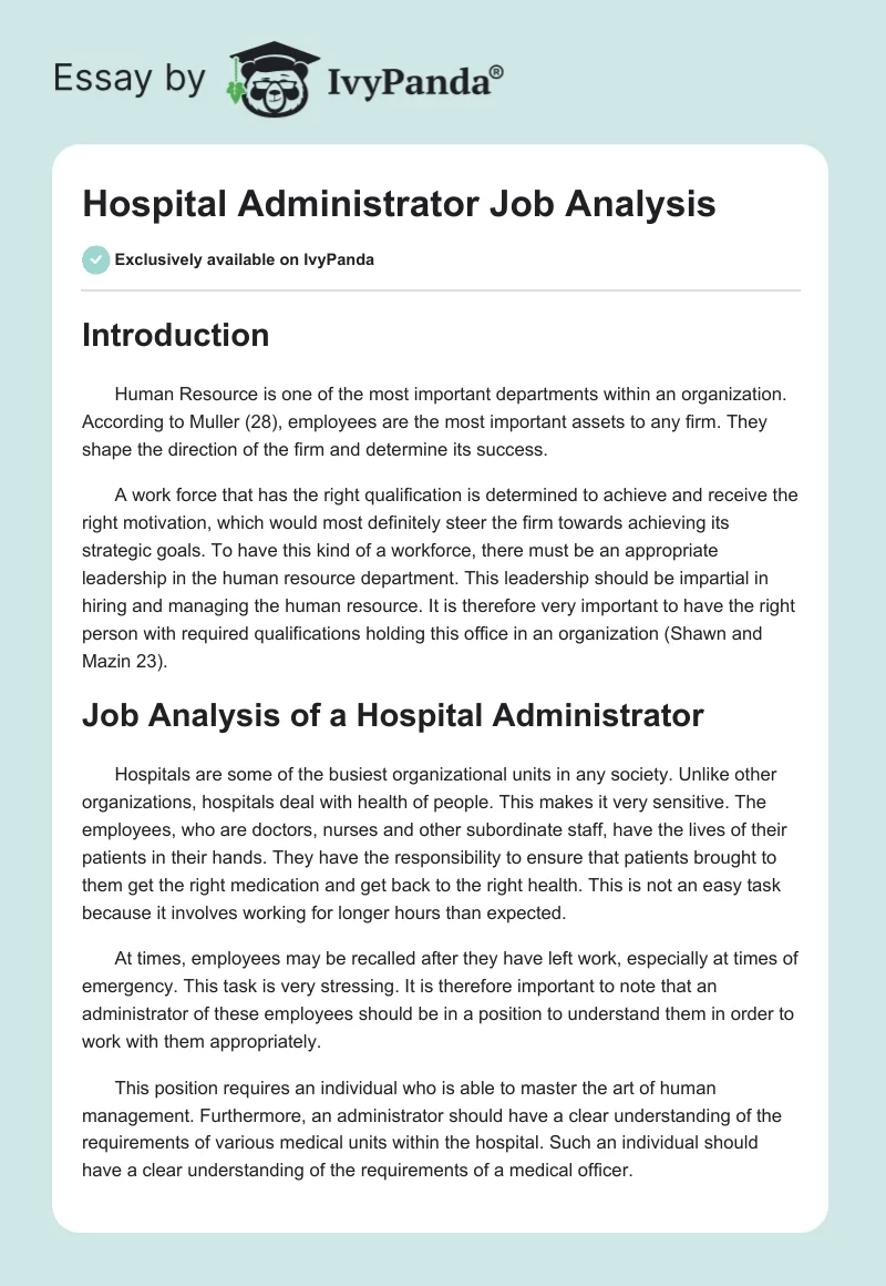 Hospital Administrator Job Analysis. Page 1
