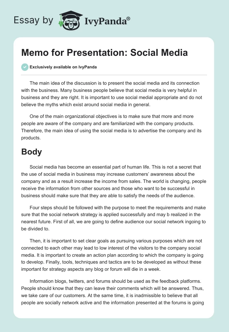 Memo for Presentation: Social Media. Page 1