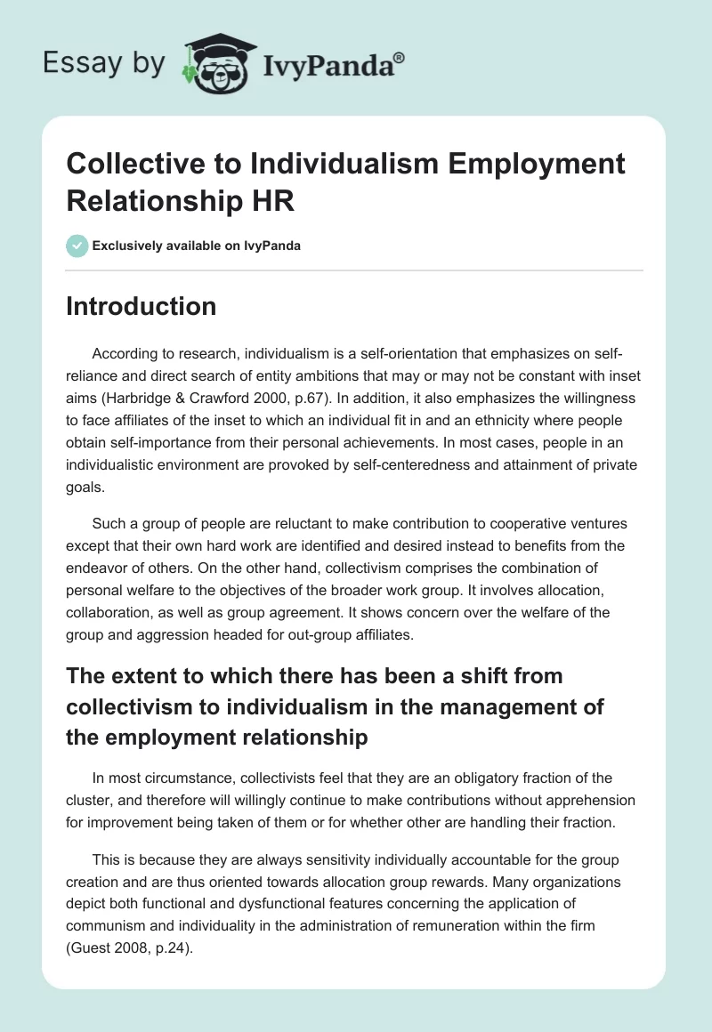 Collective to Individualism Employment Relationship HR. Page 1