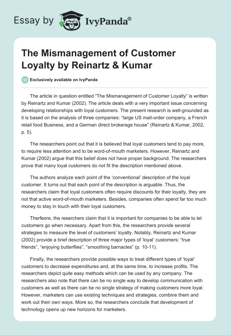 "The Mismanagement of Customer Loyalty" by Reinartz & Kumar. Page 1