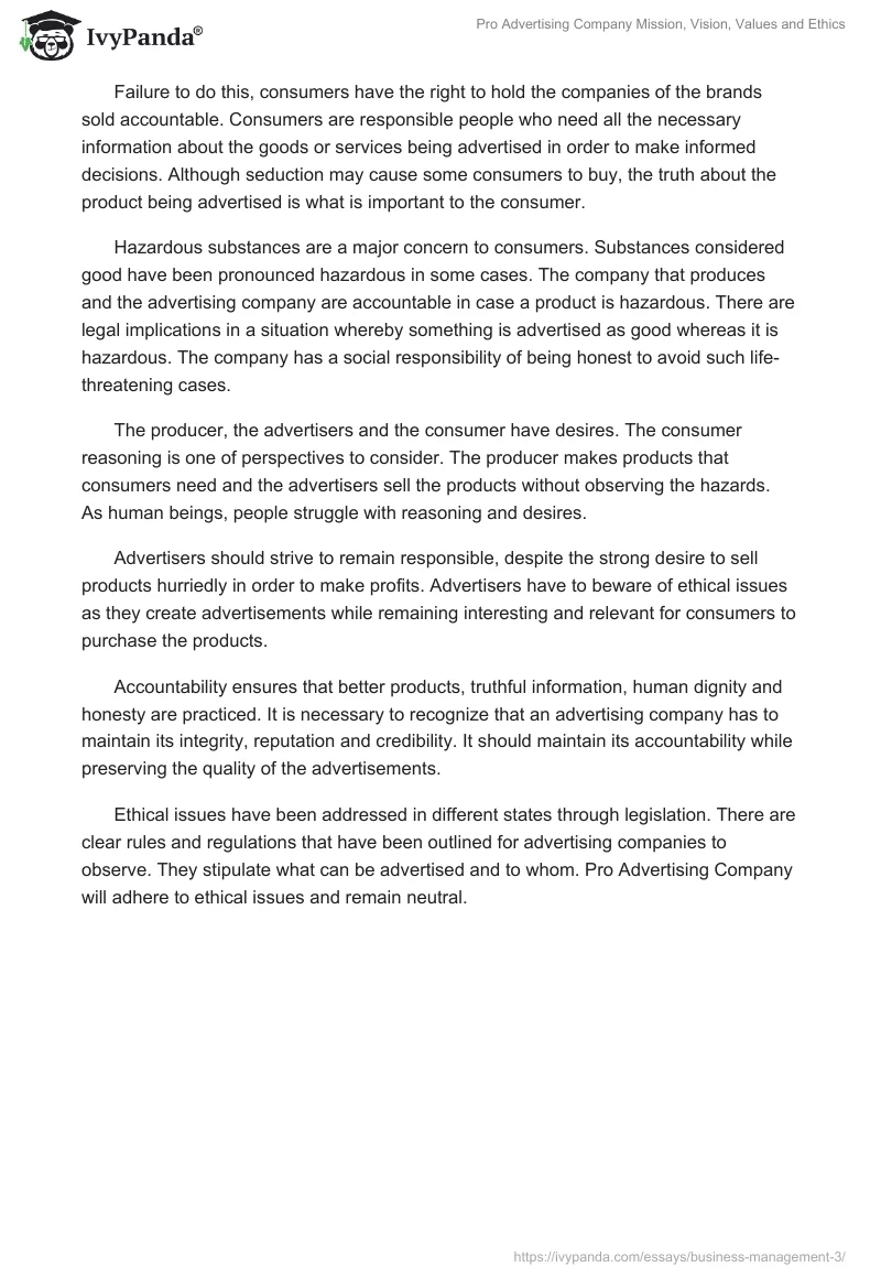 Pro Advertising Company Mission, Vision, Values and Ethics. Page 2