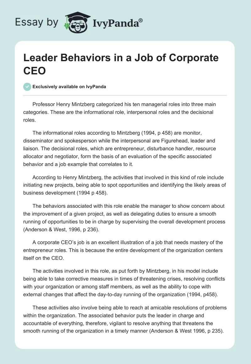 Leader Behaviors in a Job of Corporate CEO. Page 1
