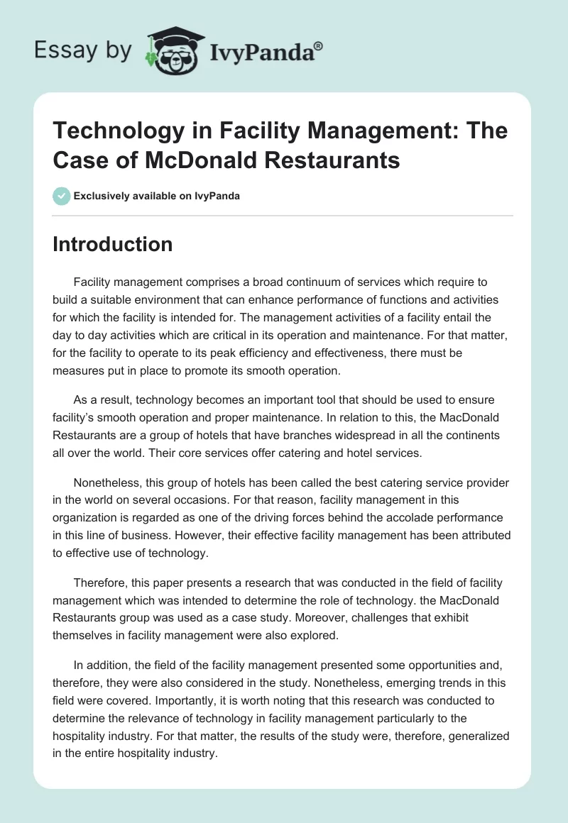Technology in Facility Management: The Case of McDonald Restaurants. Page 1