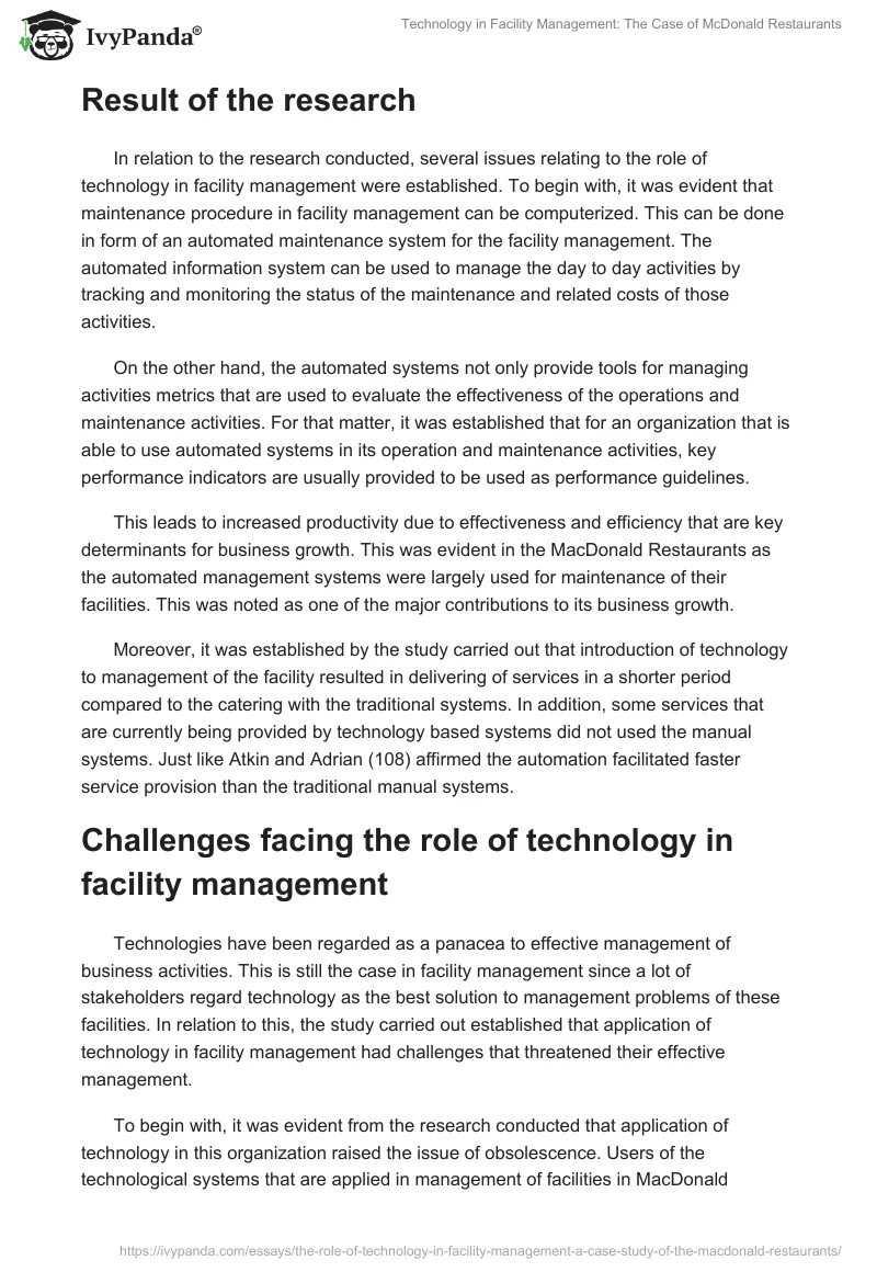 Technology in Facility Management: The Case of McDonald Restaurants. Page 2