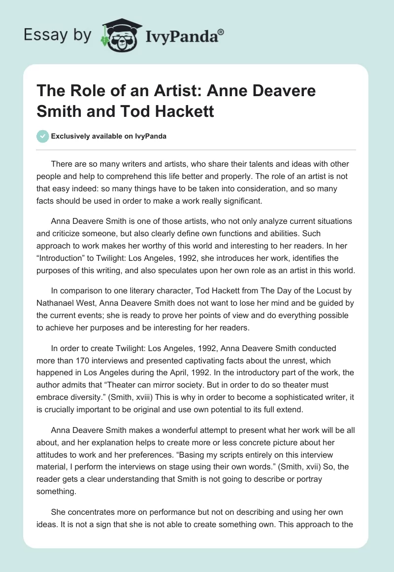The Role of an Artist: Anne Deavere Smith and Tod Hackett. Page 1