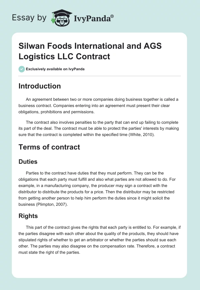 Silwan Foods International and AGS Logistics LLC Contract. Page 1
