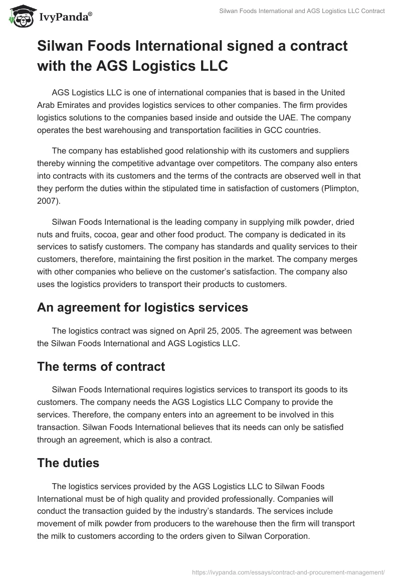Silwan Foods International and AGS Logistics LLC Contract. Page 3