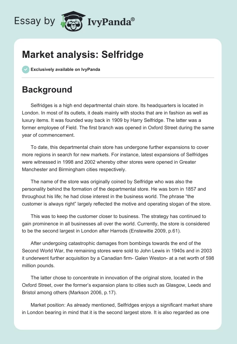 Market analysis: Selfridge. Page 1