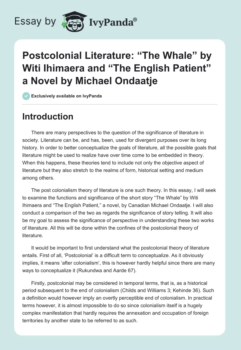 Postcolonial Literature: “The Whale” by Witi Ihimaera and “The English Patient” a Novel by Michael Ondaatje. Page 1