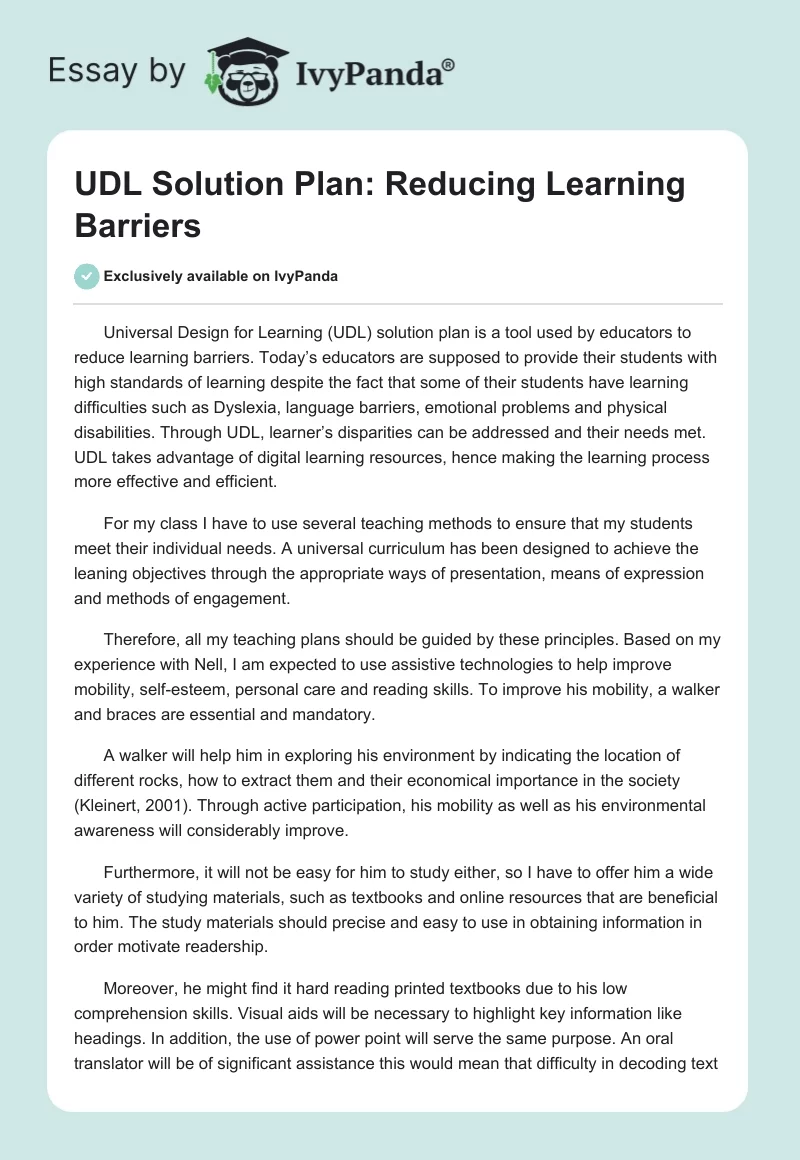 UDL Solution Plan: Reducing Learning Barriers. Page 1