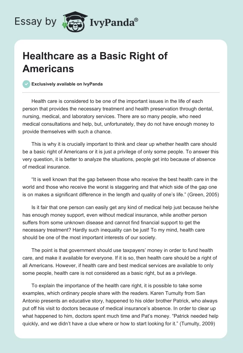 Healthcare as a Basic Right of Americans. Page 1