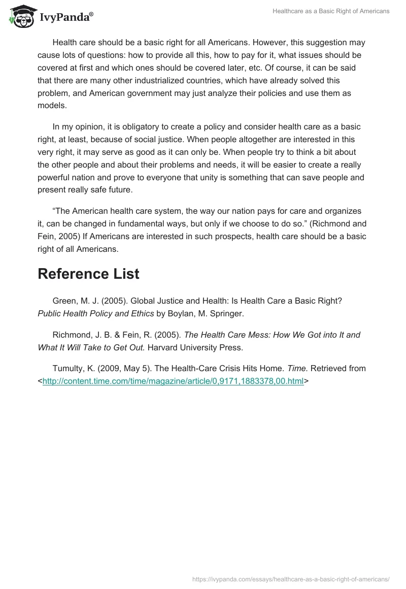 Healthcare as a Basic Right of Americans. Page 2
