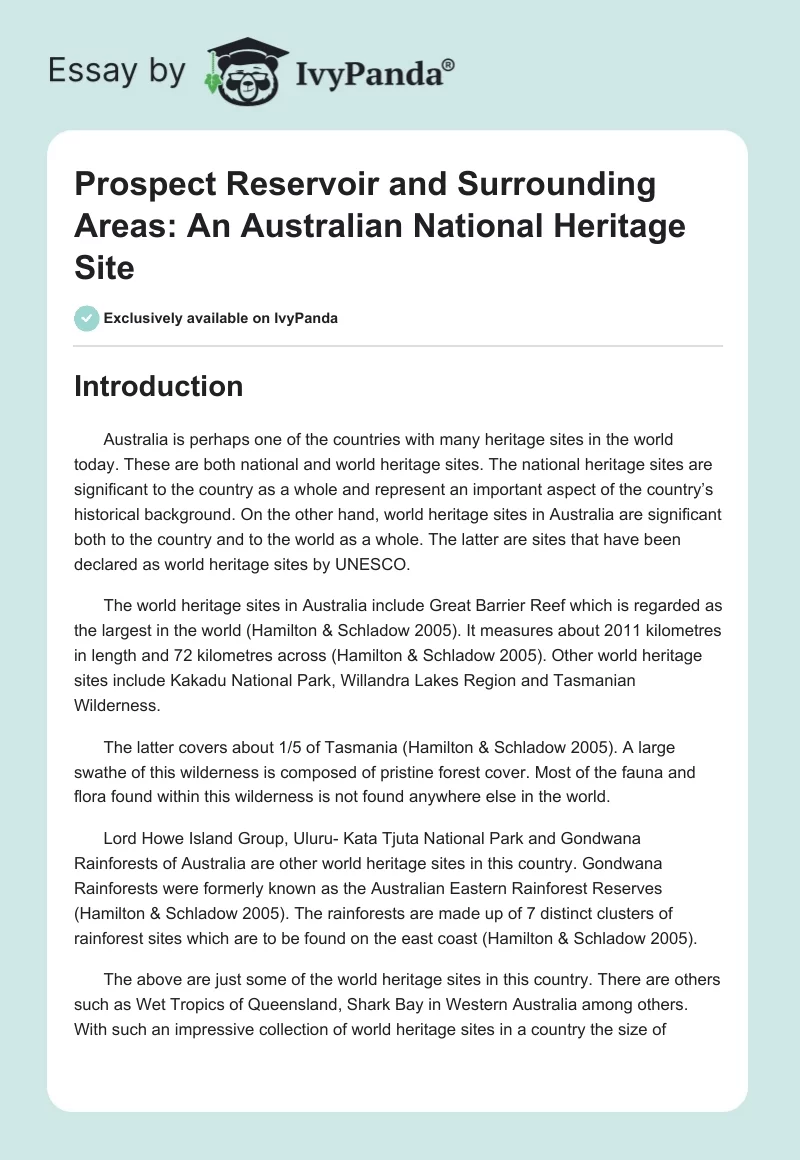 Prospect Reservoir and Surrounding Areas: An Australian National Heritage Site. Page 1