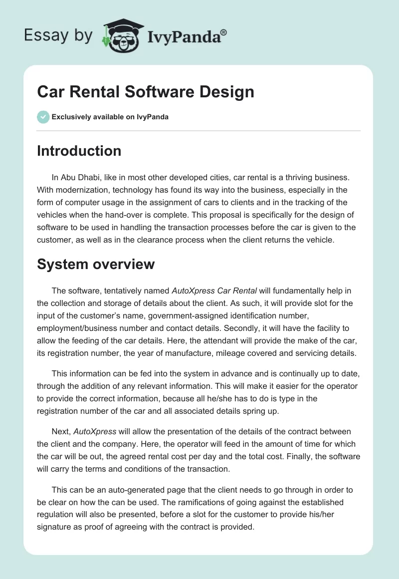Car Rental Software Design. Page 1