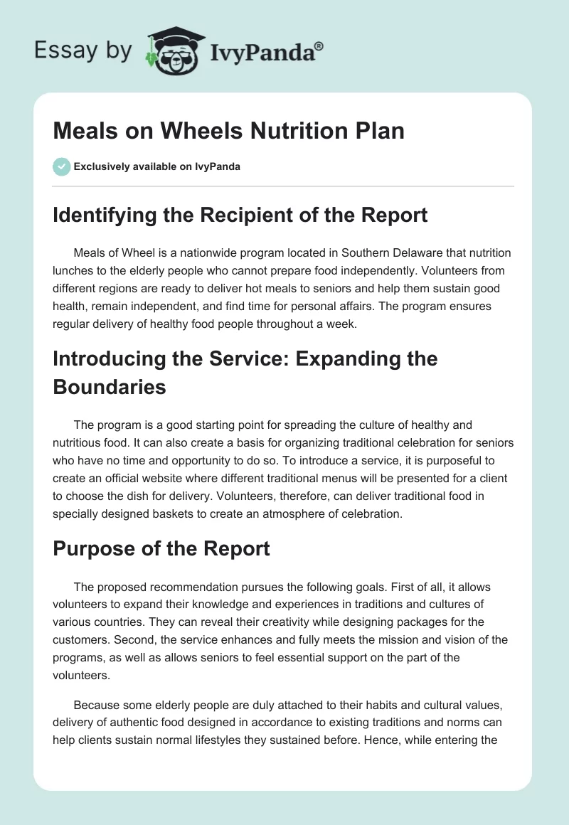Meals on Wheels Nutrition Plan. Page 1