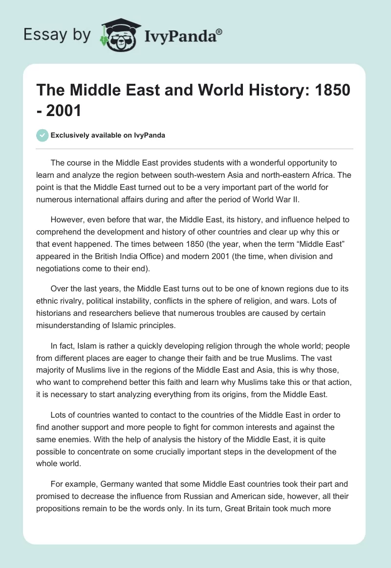 The Middle East and World History: 1850 - 2001. Page 1