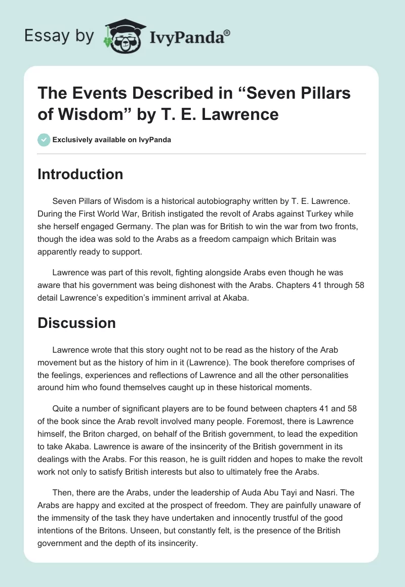 The Events Described in “Seven Pillars of Wisdom” by T. E. Lawrence. Page 1