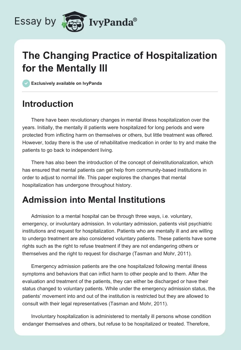 The Changing Practice of Hospitalization for the Mentally Ill. Page 1