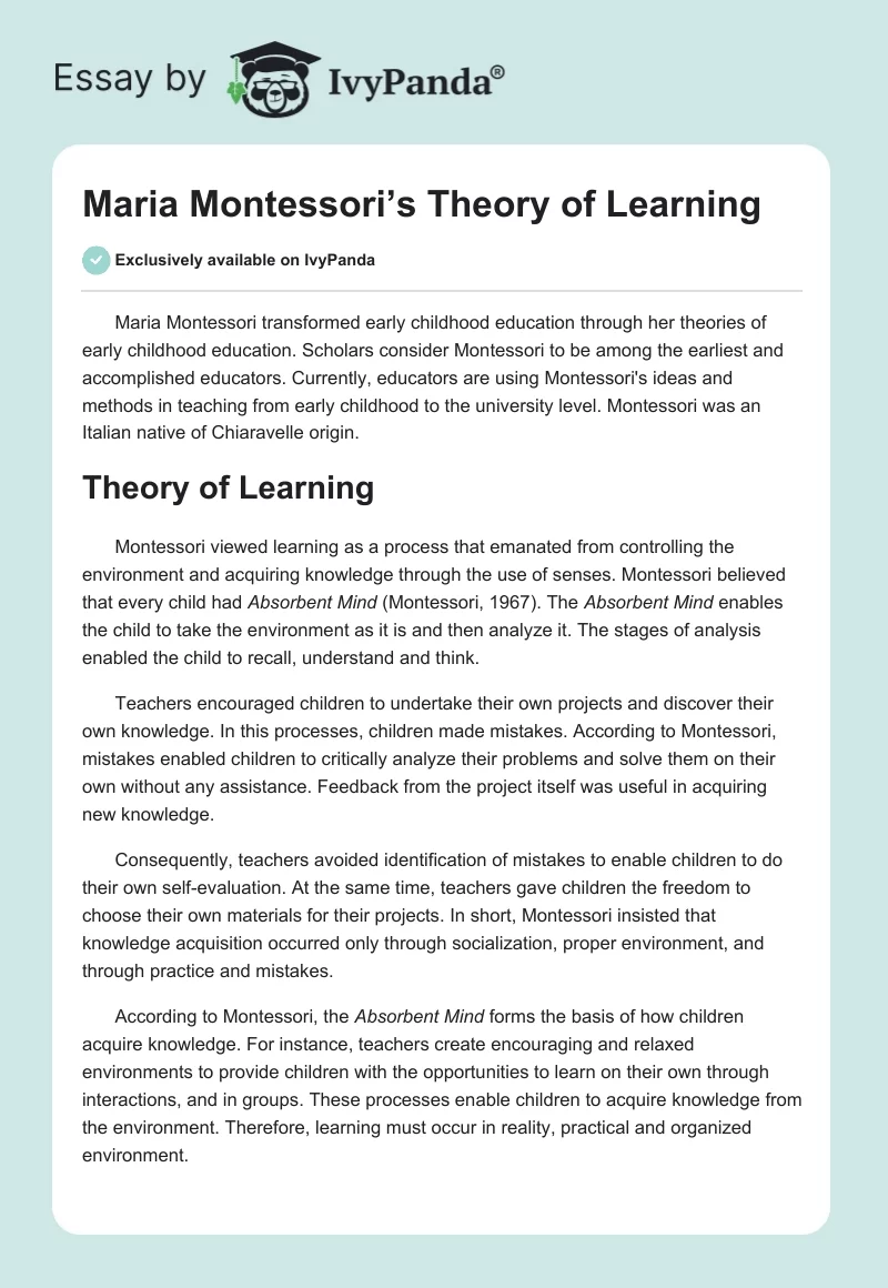Maria Montessori’s Theory of Learning. Page 1