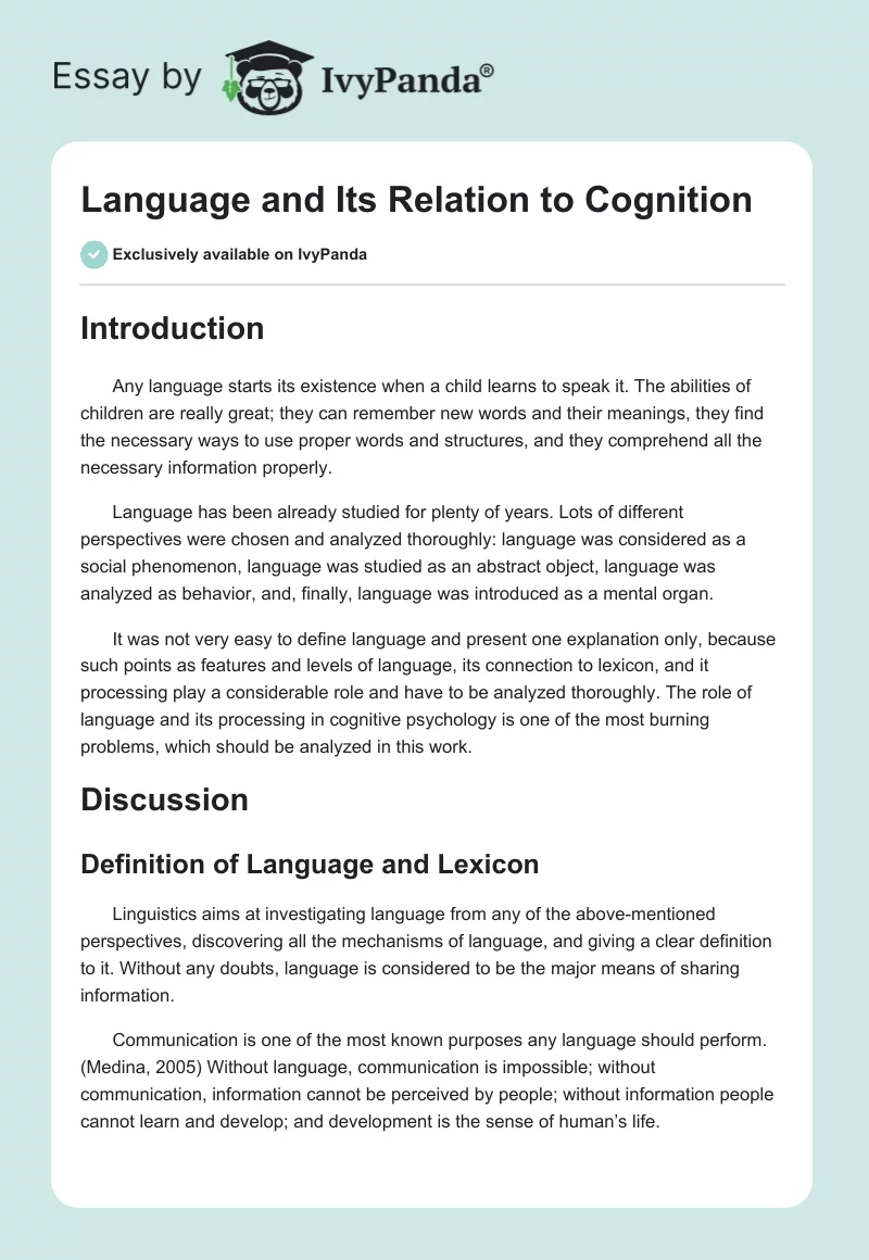 Language and Its Relation to Cognition. Page 1