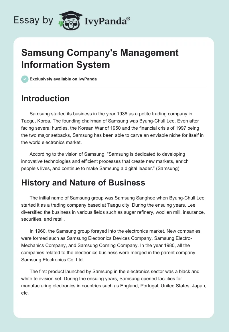 Samsung Company's Management Information System. Page 1