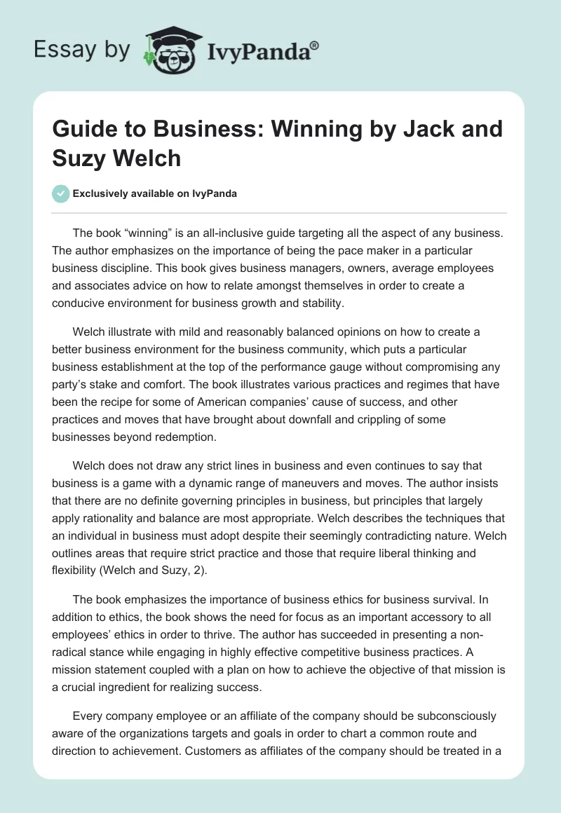 Guide to Business: "Winning" by Jack and Suzy Welch. Page 1