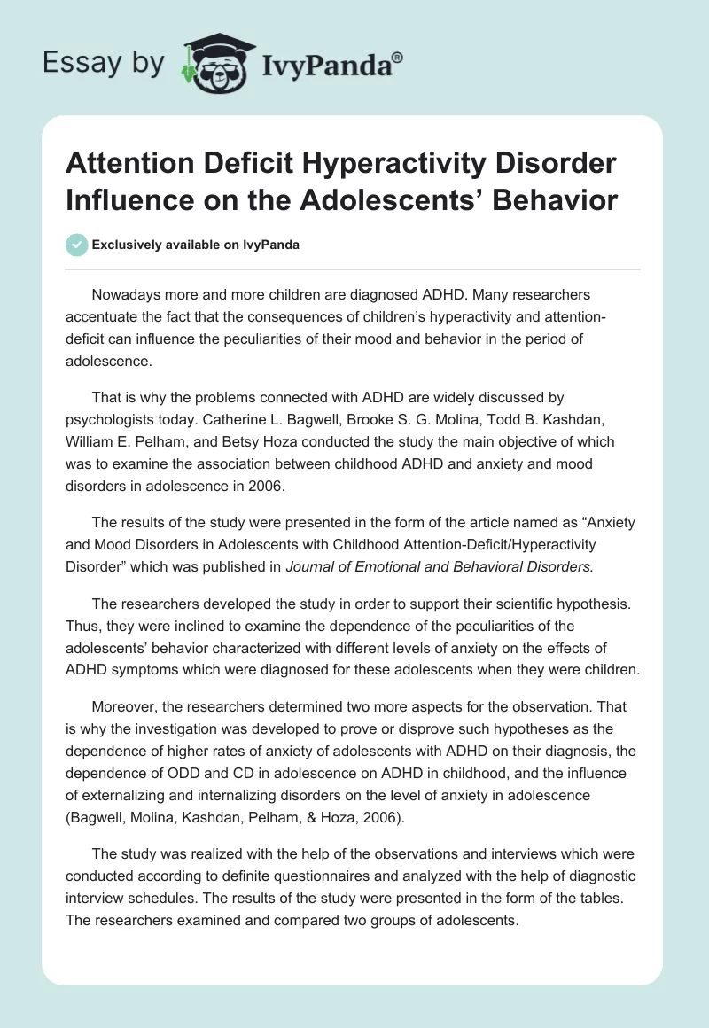 Attention Deficit Hyperactivity Disorder Influence on the Adolescents’ Behavior. Page 1
