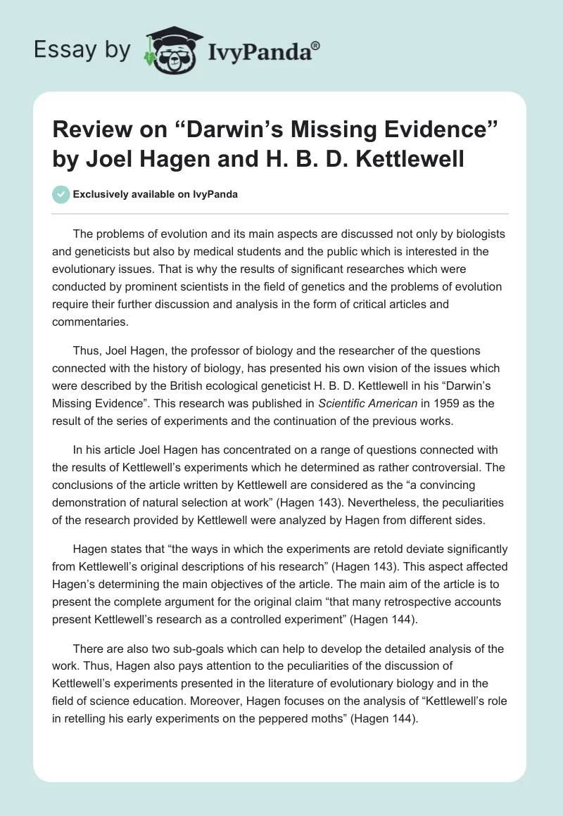 Review on “Darwin’s Missing Evidence” by Joel Hagen and H. B. D. Kettlewell. Page 1