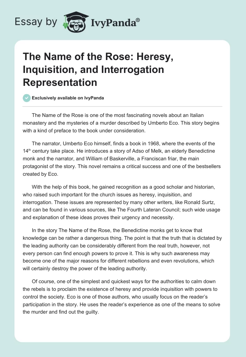The Name of the Rose: Heresy, Inquisition, and Interrogation Representation. Page 1